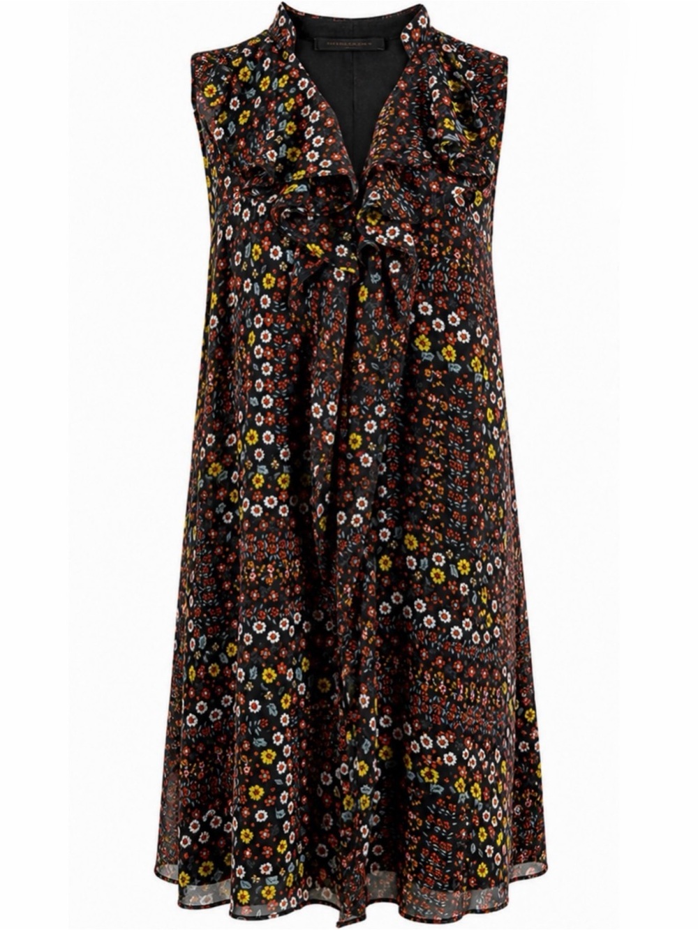 BCBGMaxAzria Black Floral Ruffle Sleeveless Swing Dress – Size Large